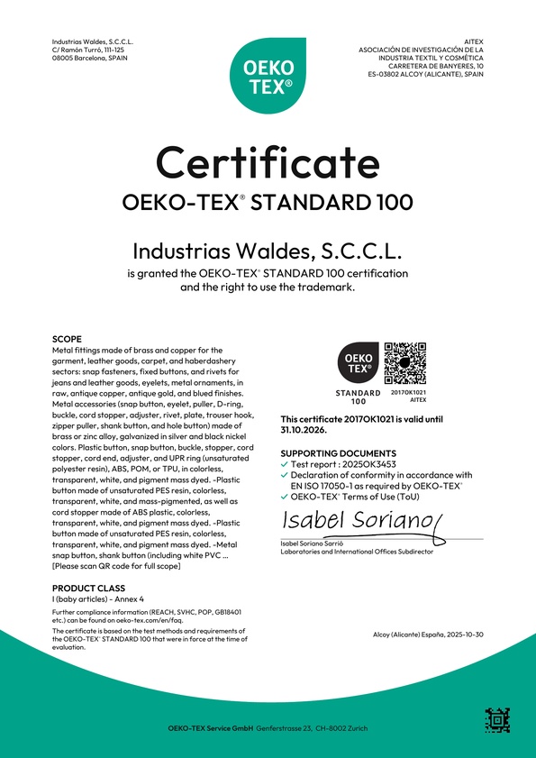 Certificate OEKO-TEX STANDARD 100 Industrias Waldes SCCL
