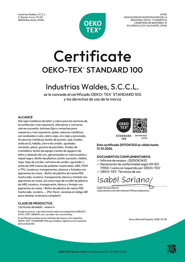Certificado OEKO-TEX STANDARD 100 Industrias Waldes SCCL Certificado OEKO TEX es